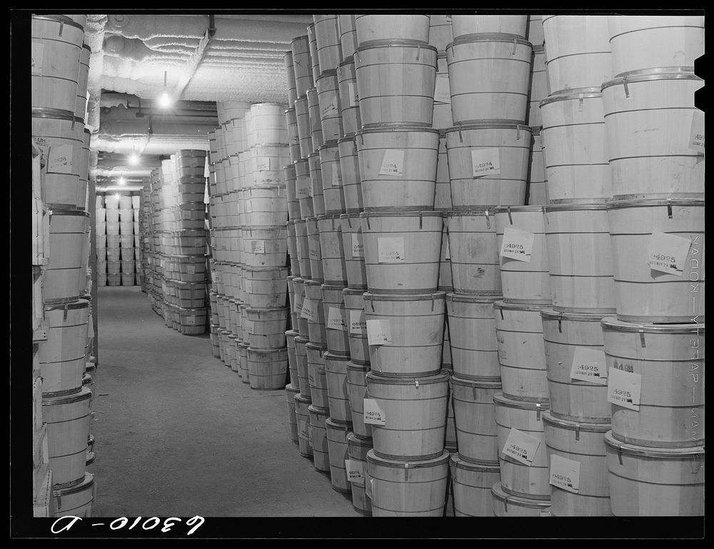 Butter in storage at Fulton Market cold storage plant. Chicago, Illinois. Sourced from the Library of Congress.