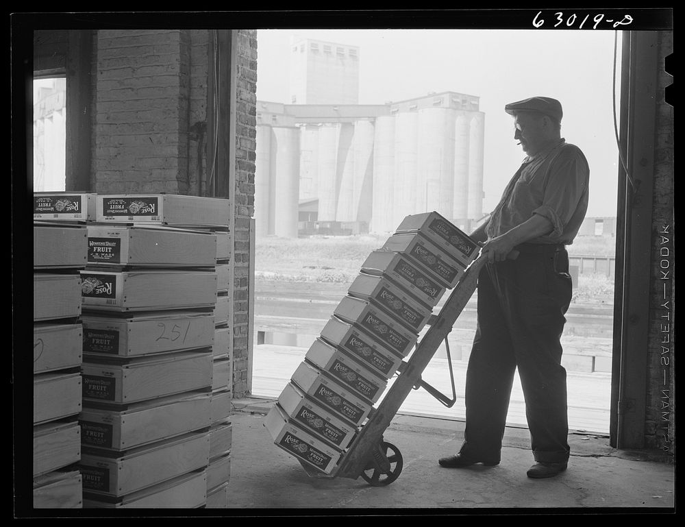 Warehouse at fruit terminal, Chicago, Illinois. Shipments of fruit by commission merchants at auction are loaded onto trucks…