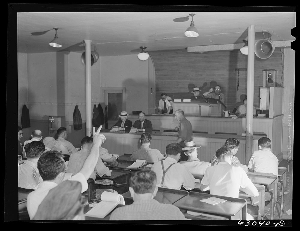 Commission merchants bidding in auction at fruit terminal. Chicago, Illinois. Sourced from the Library of Congress.