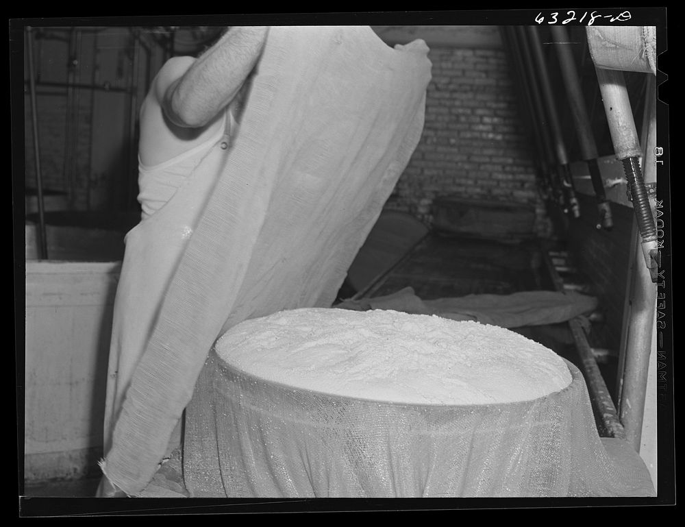 [Untitled photo, possibly related to: Placing cheese cloth over the curd. Swiss cheese factory. Madison, Wisconsin]. Sourced…
