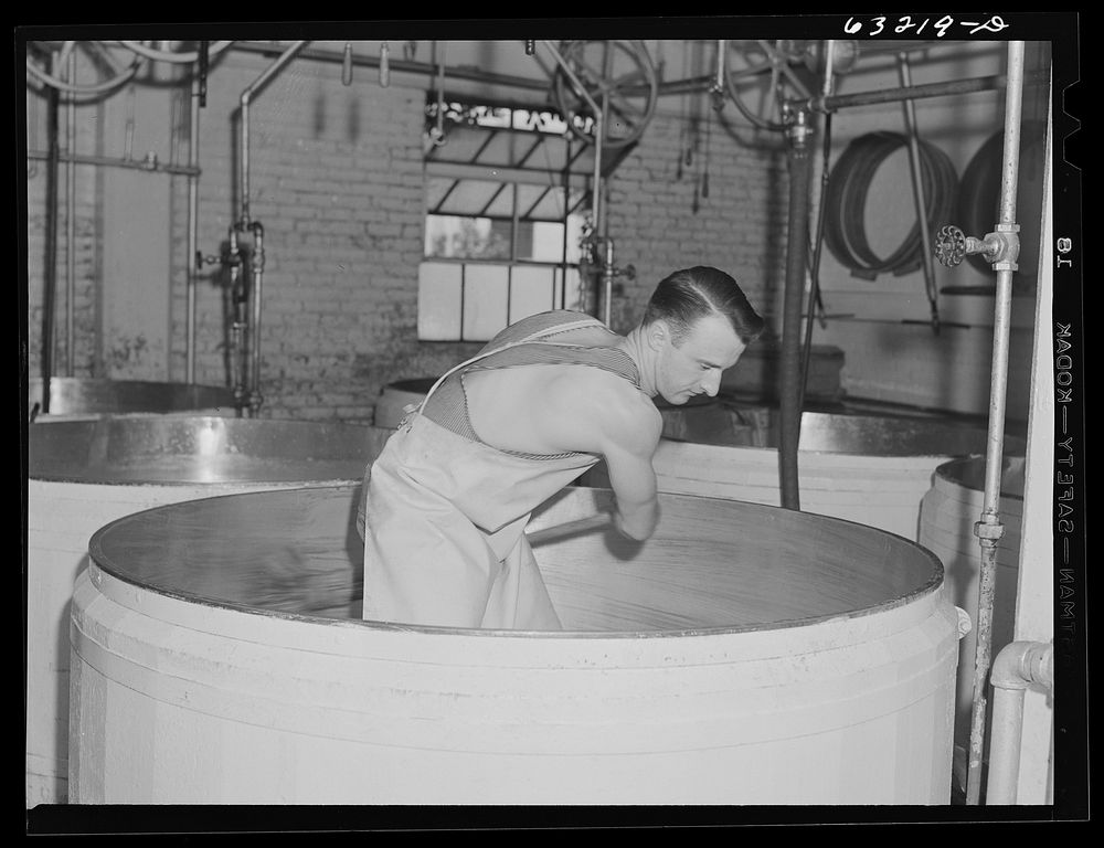 Cleaning out vat in which swiss cheese is made. Madison, Wisconsin. Sourced from the Library of Congress.