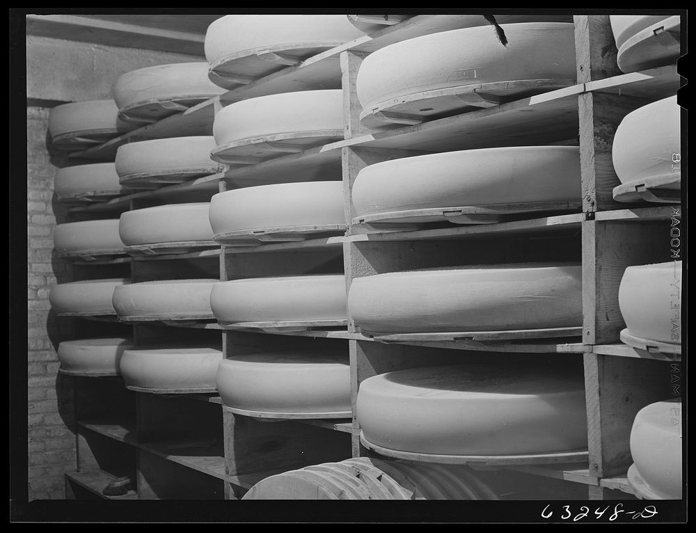 Cheese in storage. Swiss cheese factory. Madison, Wisconsin. Sourced from the Library of Congress.