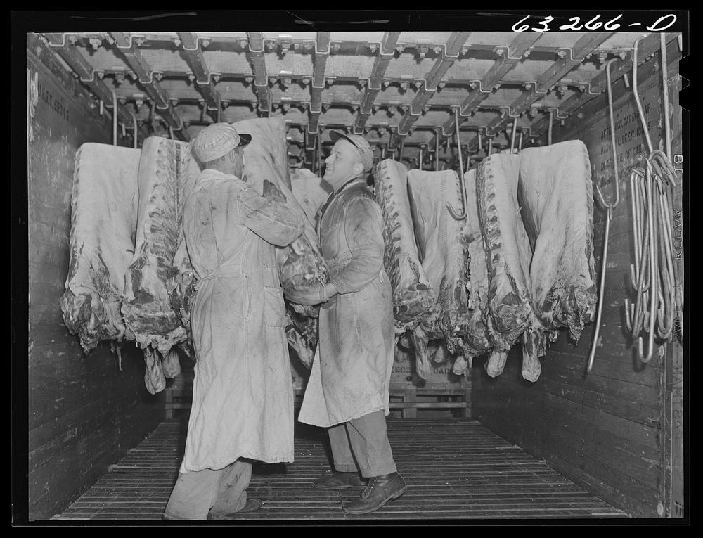 Packing beef into freight car for shipment. Packing plant. Austin, Minnesota. Sourced from the Library of Congress.