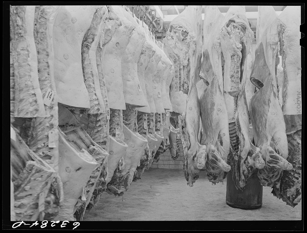 Beef in storage. Packing plant. Austin, Minnesota. Sourced from the Library of Congress.