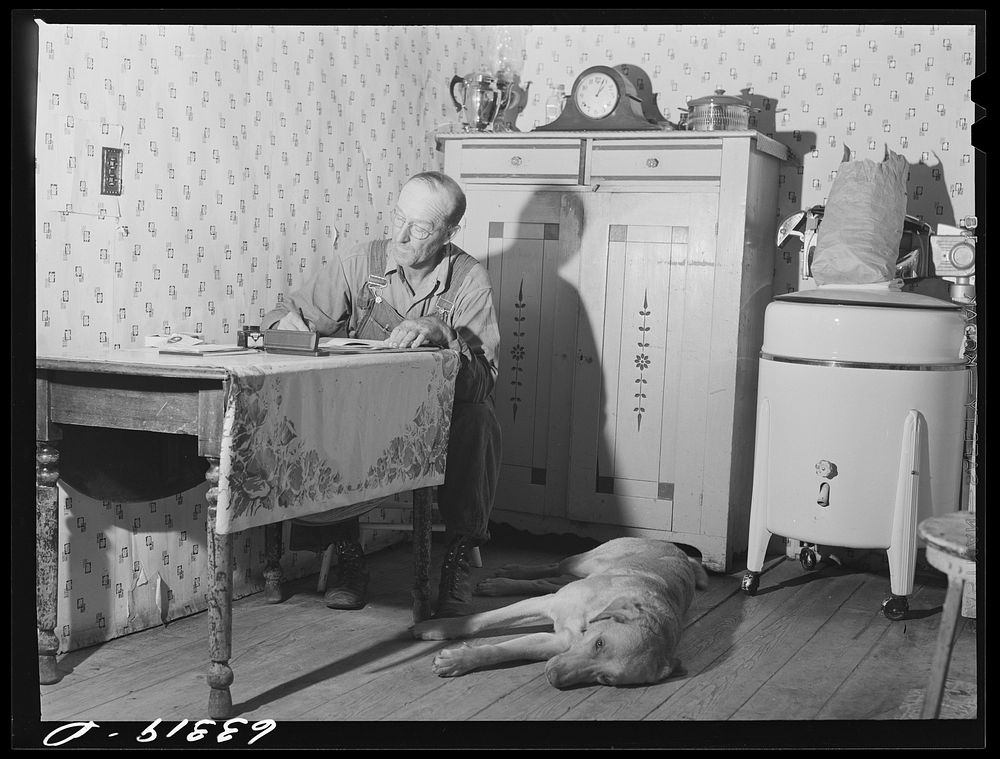 FSA (Farm Security Administration) borrower working on accounts. Itasca County, Minnesota. Sourced from the Library of…