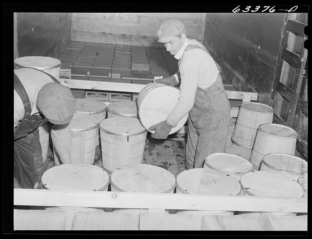 [Untitled photo, possibly related to: Loading tubs of butter onto freight car. Land O'Lakes plant. Minneapolis, Minnesota].…