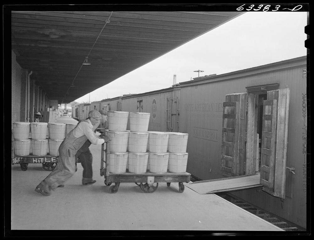 Loading tubs of butter onto freight car. Land O'Lakes plant. Minneapolis, Minnesota. Sourced from the Library of Congress.