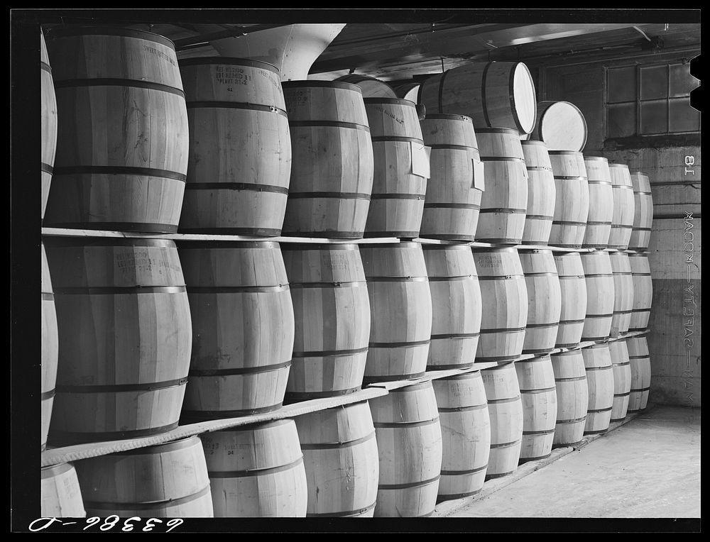 Barrels of powdered milk at Land O'Lakes plant. Minneapolis, Minnesota. Sourced from the Library of Congress.