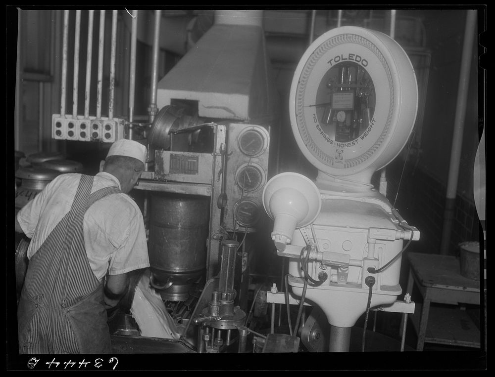 Receiving and weighing milk at creamery. Antigo, Wisconsin. Sourced from the Library of Congress.
