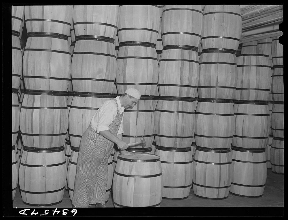 Clamping top on barrel of powdered milk. Condensary at Antigo, Wisconsin. Sourced from the Library of Congress.