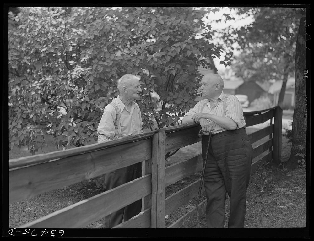 [Untitled photo, possibly related to: Residents of copper range town talking over back fence. Laurium, Michigan]. Sourced…
