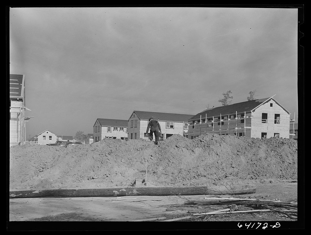 [Untitled photo, possibly related to: Construction of homes for defense workers. Greenbelt, Maryland]. Sourced from the…