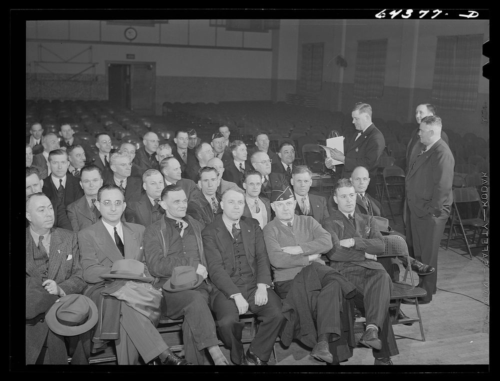 Portsmouth, Ohio. Firefighting class under the office of civilian defense meeting in American Legion hall. Sourced from the…