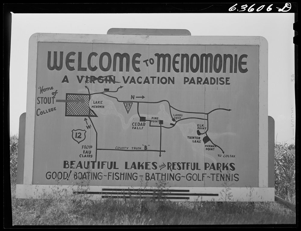 Sign on outskirts of Menomonie, Wisconsin. Sourced from the Library of Congress.