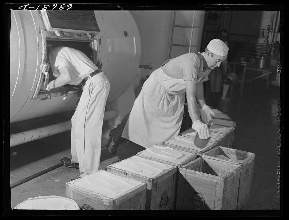 Packing butter in Friday boxes. Portage, Wisconsin. Sourced from the Library of Congress.