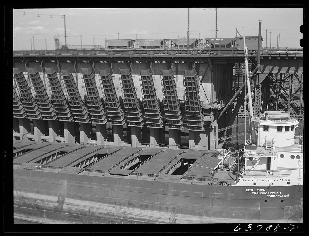 Great lakes boat at ore docks. Allouez, Wisconsin. Sourced from the Library of Congress.