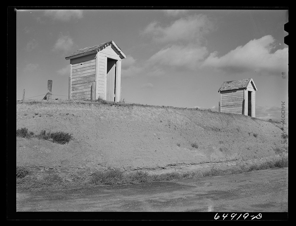 McCone County, Montana. Rural school privies on the edge of the new road cut. Sourced from the Library of Congress.
