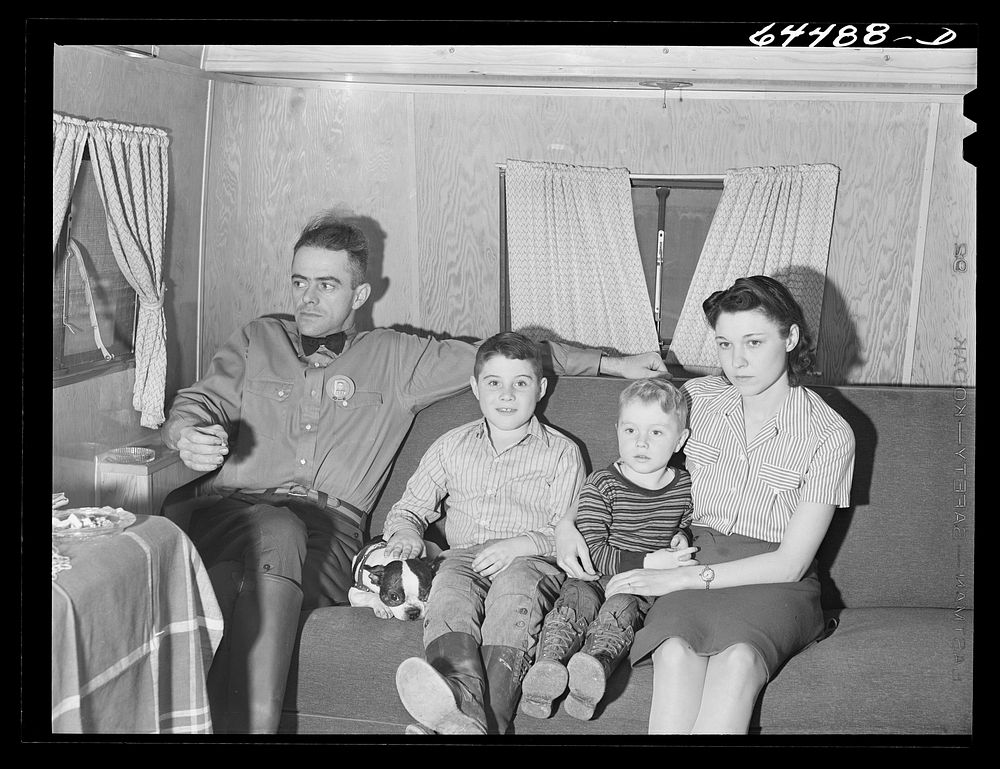 Burlington, Iowa. Acres unit, FSA (Farm Security Administration) trailer camp. Barker family in their trailer. Sourced from…