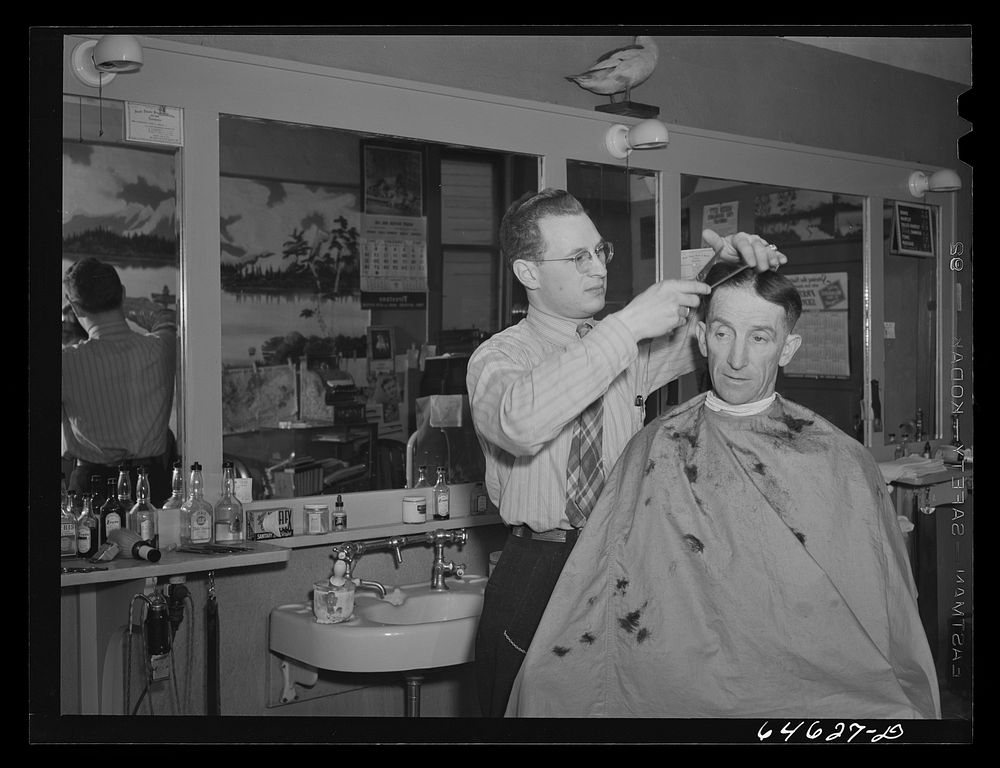[Untitled photo, possibly related to: Timber Lake, South Dakota. Barber shop]. Sourced from the Library of Congress.