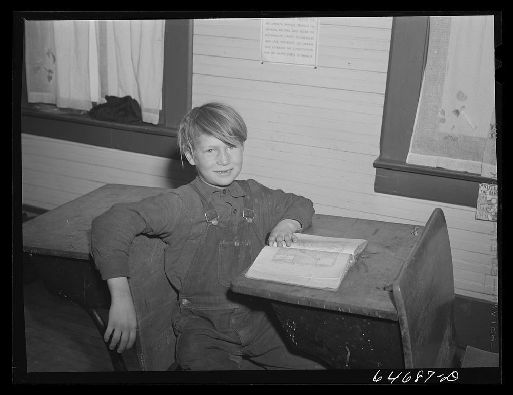 Morton County, North Dakota. Farm boy with his geography book. Sourced from the Library of Congress.
