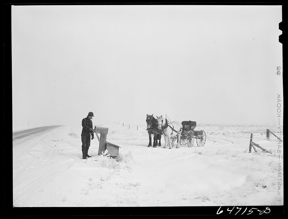 Morton County, North Dakota. Getting the morning mail at eighteen below zero. Sourced from the Library of Congress.