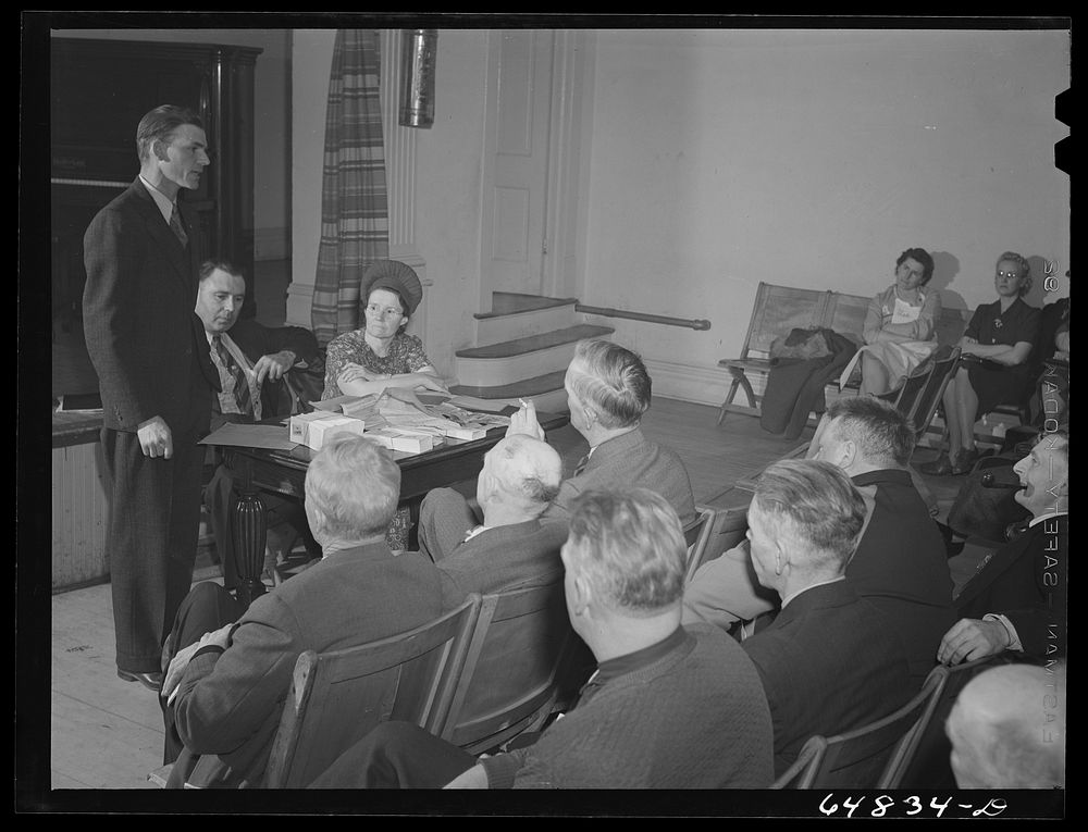 [Untitled photo, possibly related to: Williston, North Dakota. County commissioner addressing meeting of farmers' union to…