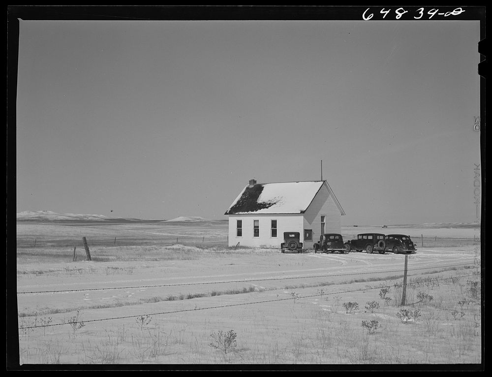 [Untitled photo, possibly related to: Adams County, North Dakota. Rural schoolhouse where farmers have come to attend Food…