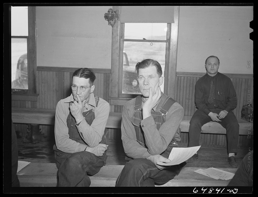 Adams County, North Dakota. Farmers at Food for Victory meeting in a rural school. Sourced from the Library of Congress.