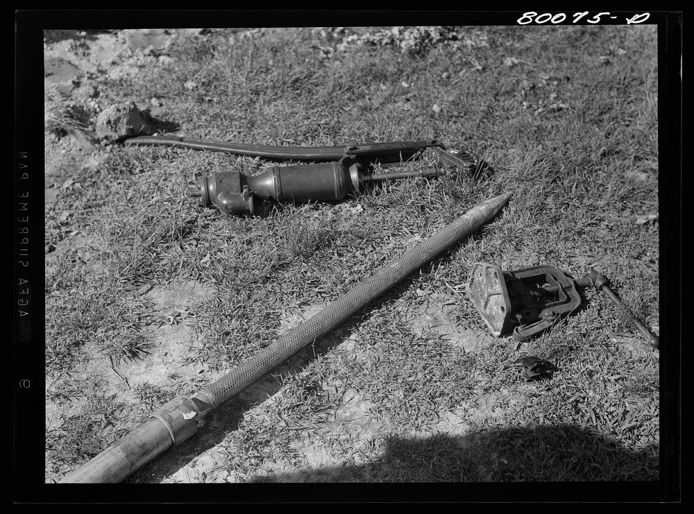 A few implements: pipe vise, single tube casing, and sand point band pump. Safe well demonstration, Ridge, Maryland. Sourced…