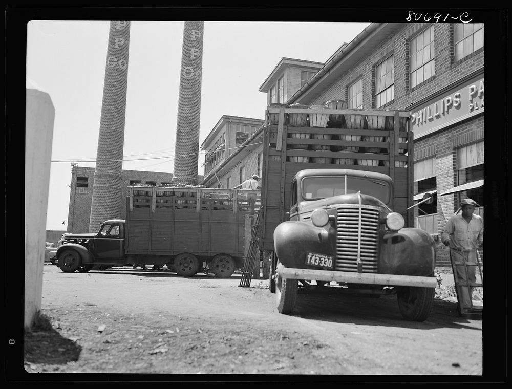 Trucks unload tomatoes directly into the canning room. Phillips Packing Company, Cambridge, Maryland. Sourced from the…