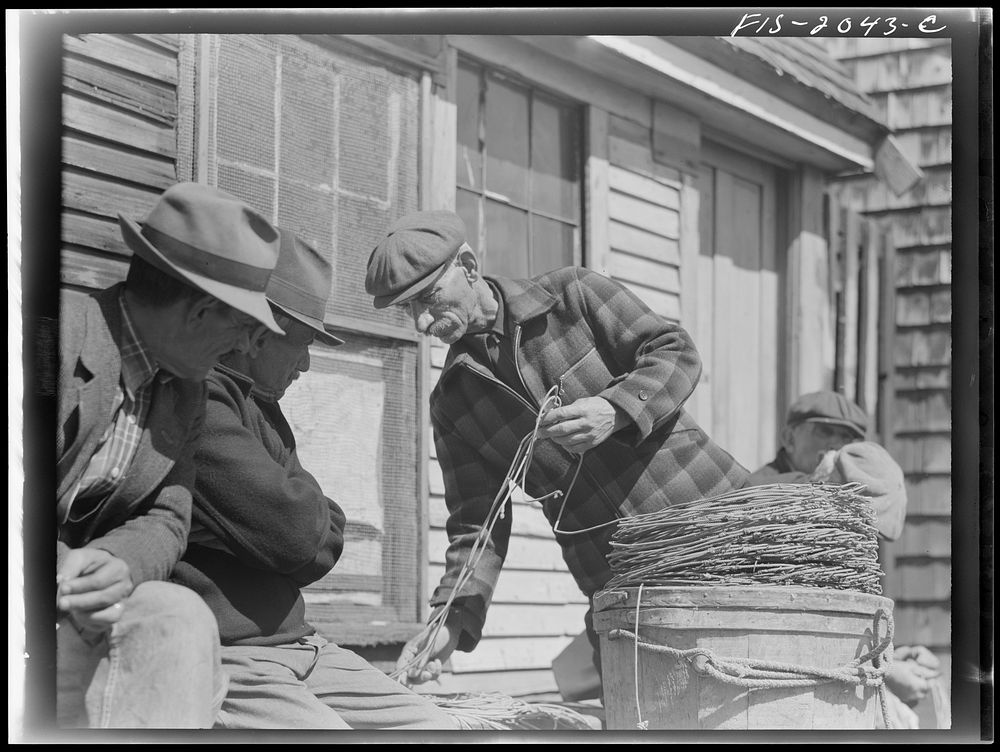 [Untitled photo, possibly related to: Provincetown, Massachusetts. Portuguese dory fisherman coiling down his trawl for the…