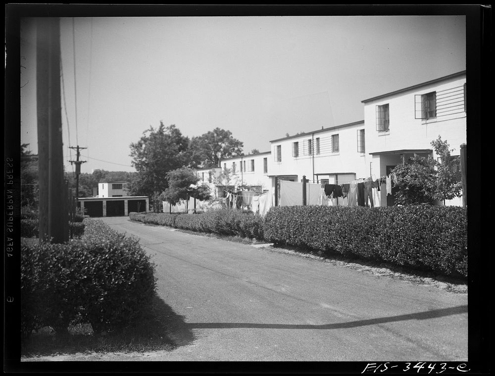 [Untitled photo, possibly related to: Greenbelt, Maryland. Federal housing project. A row of flat-roofed houses. Front yards…