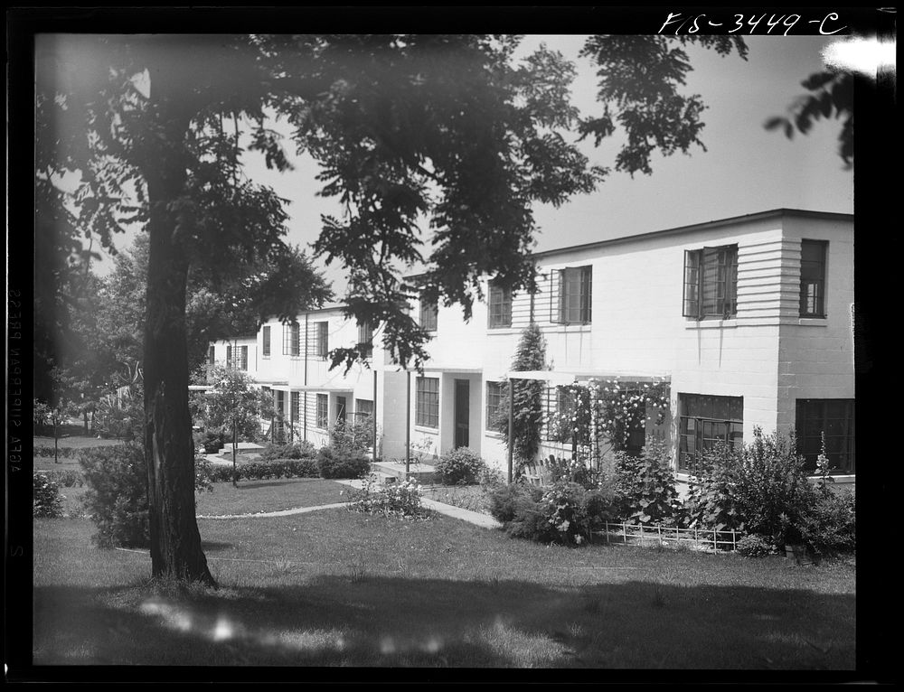 [Untitled photo, possibly related to: Greenbelt, Maryland. Federal housing project. Two flat-roofed houses from the front].…