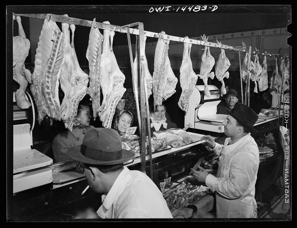 New York, New York. Italian meat stall in the First Avenue market at Tenth Street. Sourced from the Library of Congress.