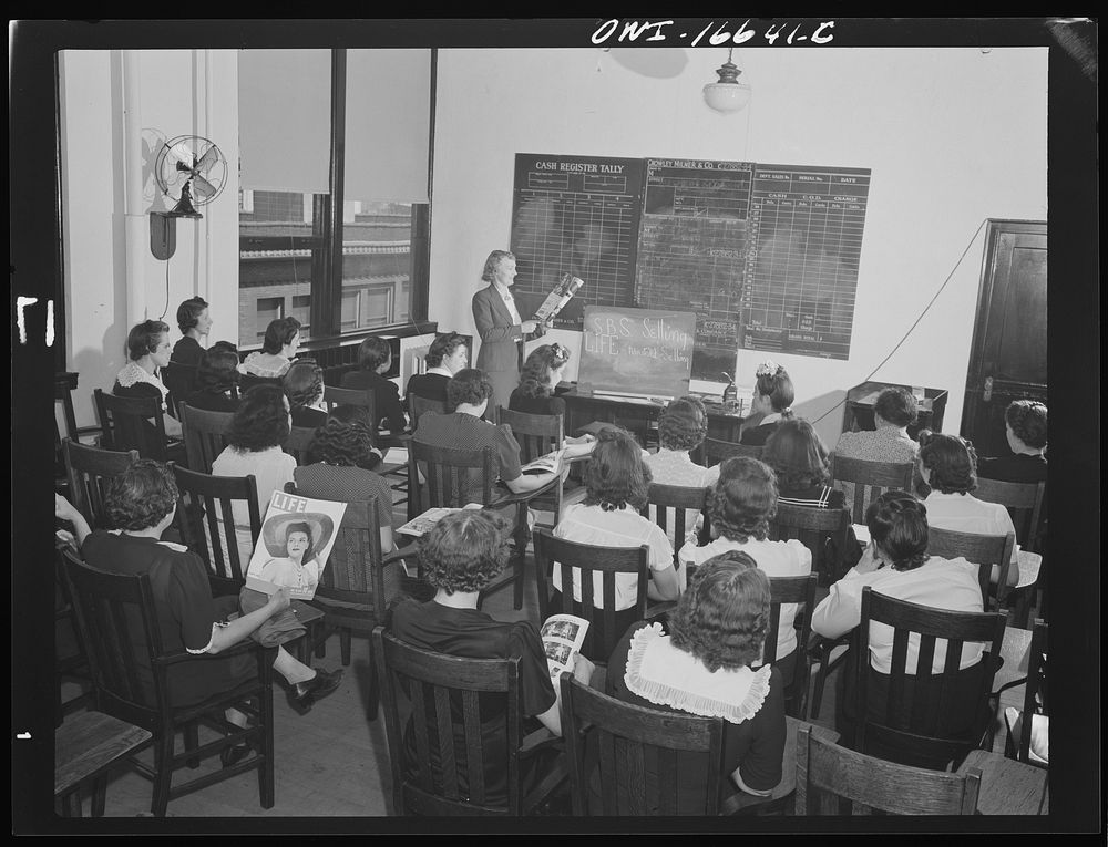 [Untitled photo, possibly related to: Detroit, Michigan. Class for telephone operators at the Crowley-Milner department…