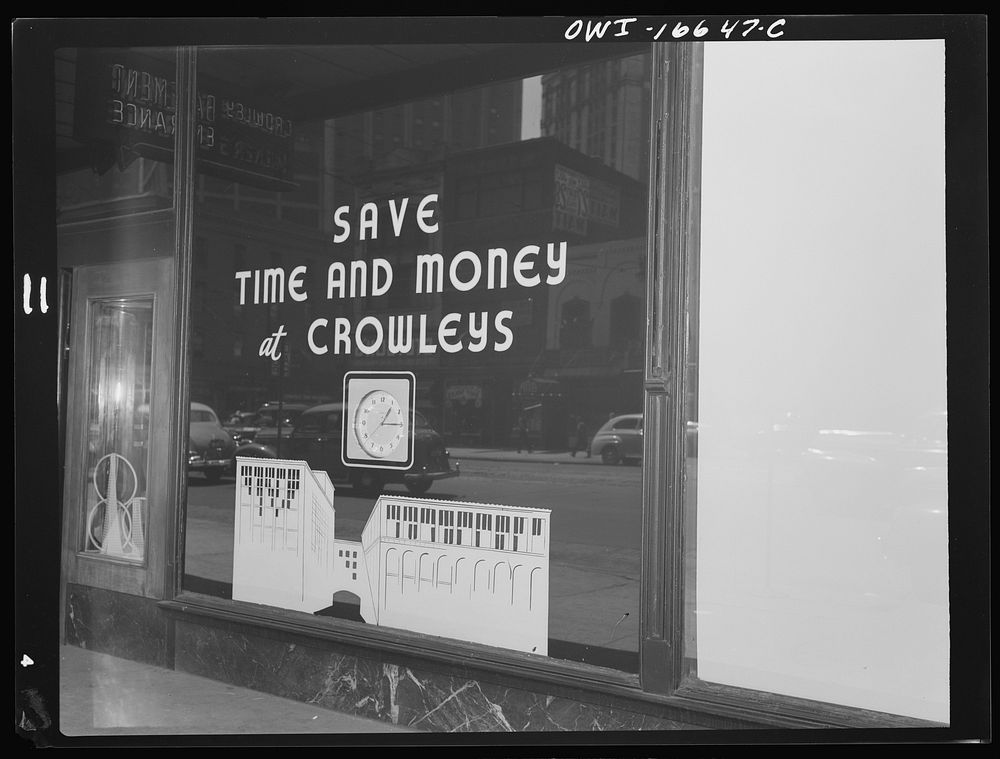 Detroit, Michigan. Sign in the window of the Crowley-Milner department store. Sourced from the Library of Congress.