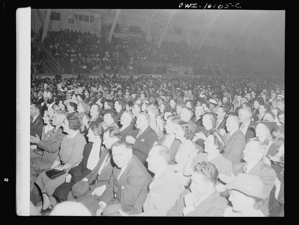 Detroit, Michigan. Audience at an entertainment at a scrap salvage rally sponsored by the Work Projects Administration (WPA)…