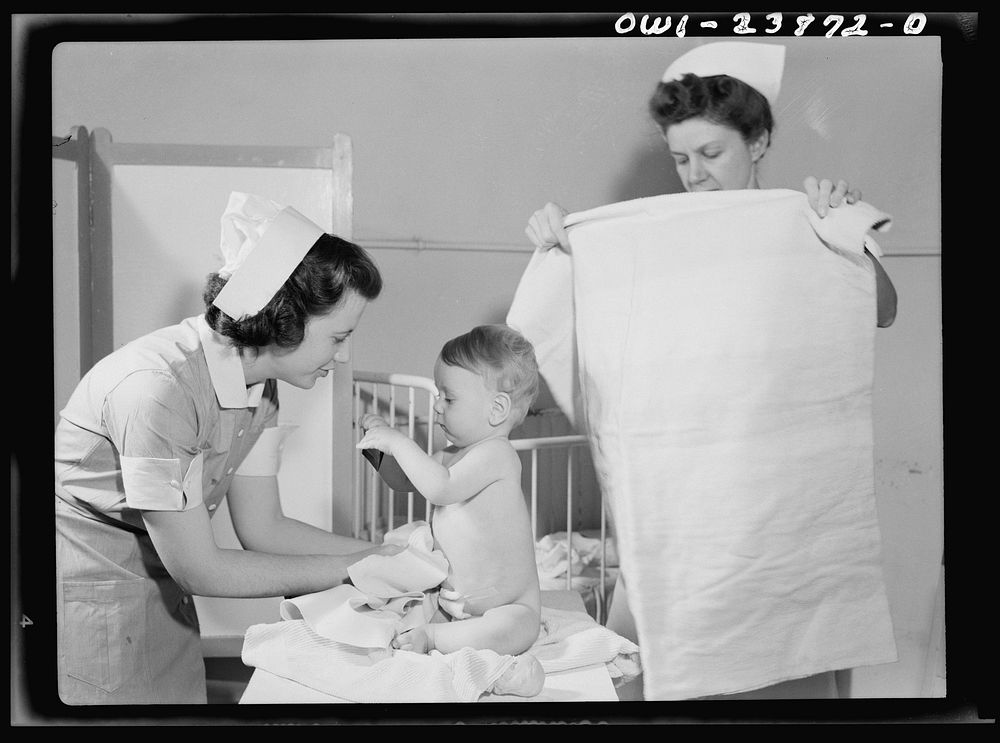 A convalescing youngster is dried after his bath by student nurse Frances Bullock, (left). Experience in the pediatric and…