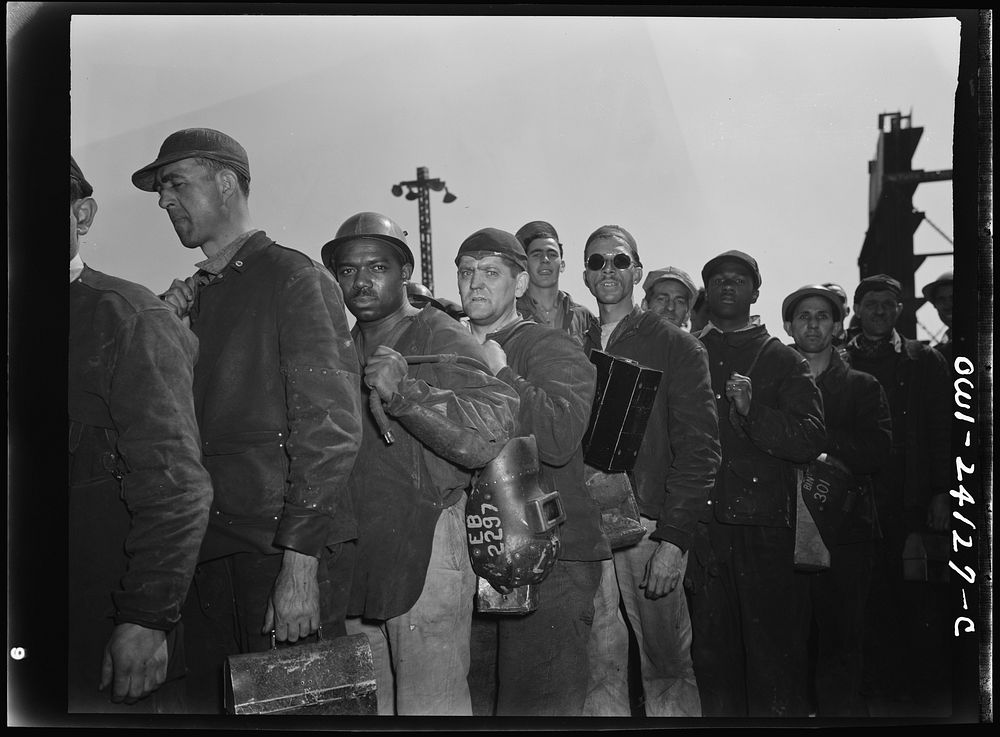 Baltimore, Maryland. Some of the workers who are engaged in the building of the Liberty ship Frederick Douglass at the…