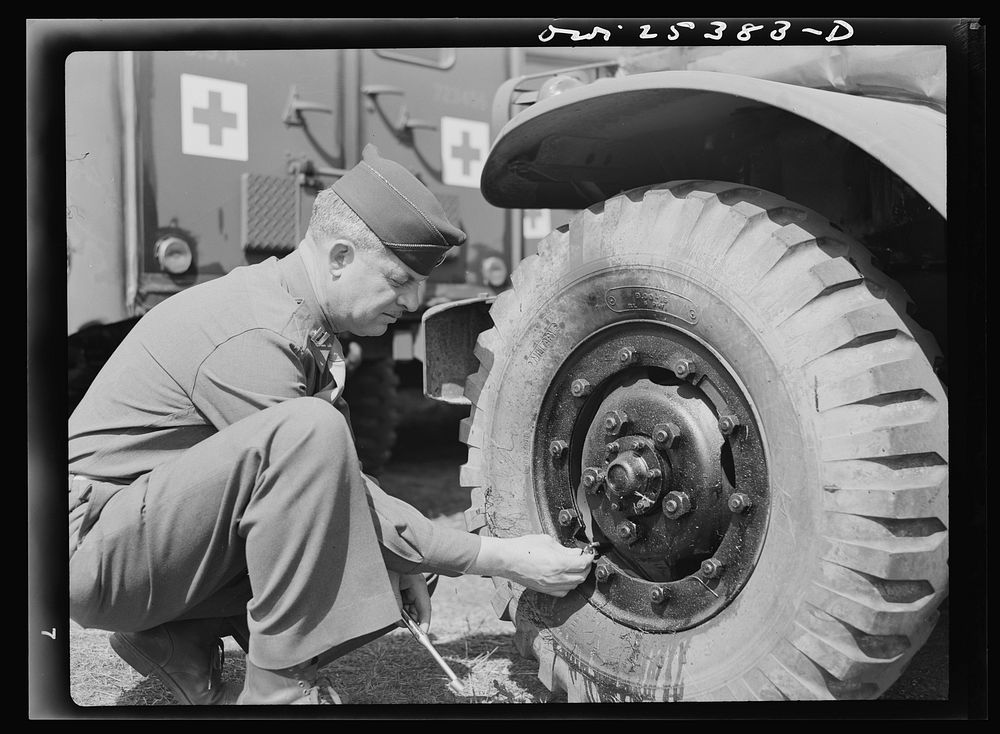 Holabird ordnance depot, Baltimore, Maryland. A careful check is made of air pressure, tire conditions and condition of…