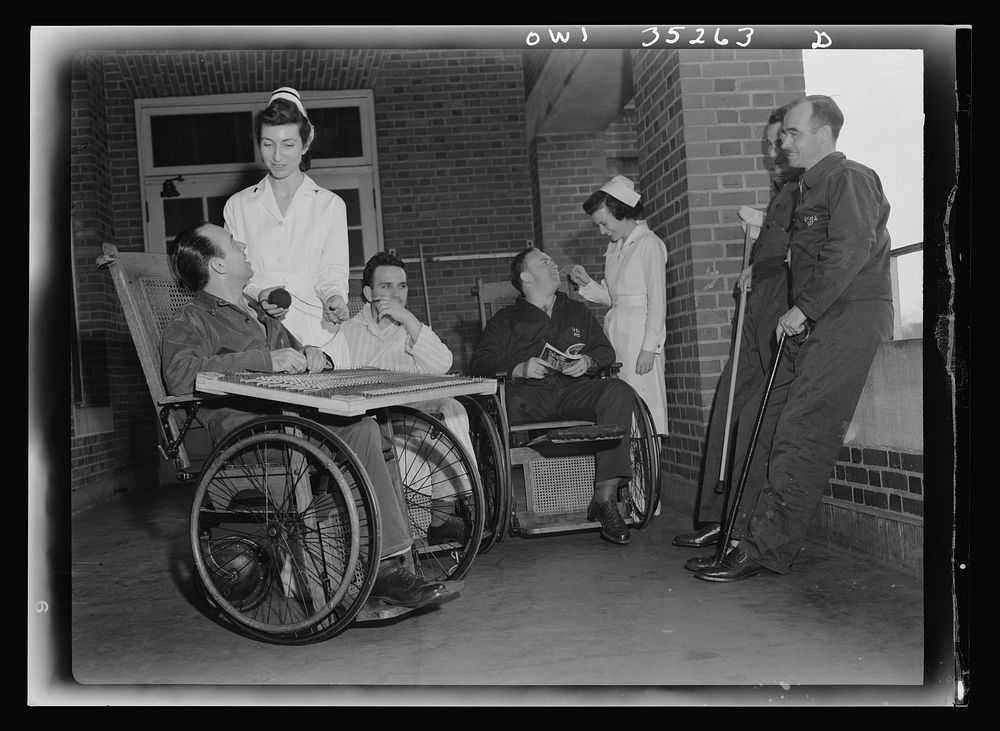 Walter Reed Hospital, Washington, D.C. Convalescent soldiers on a porch. Sourced from the Library of Congress.