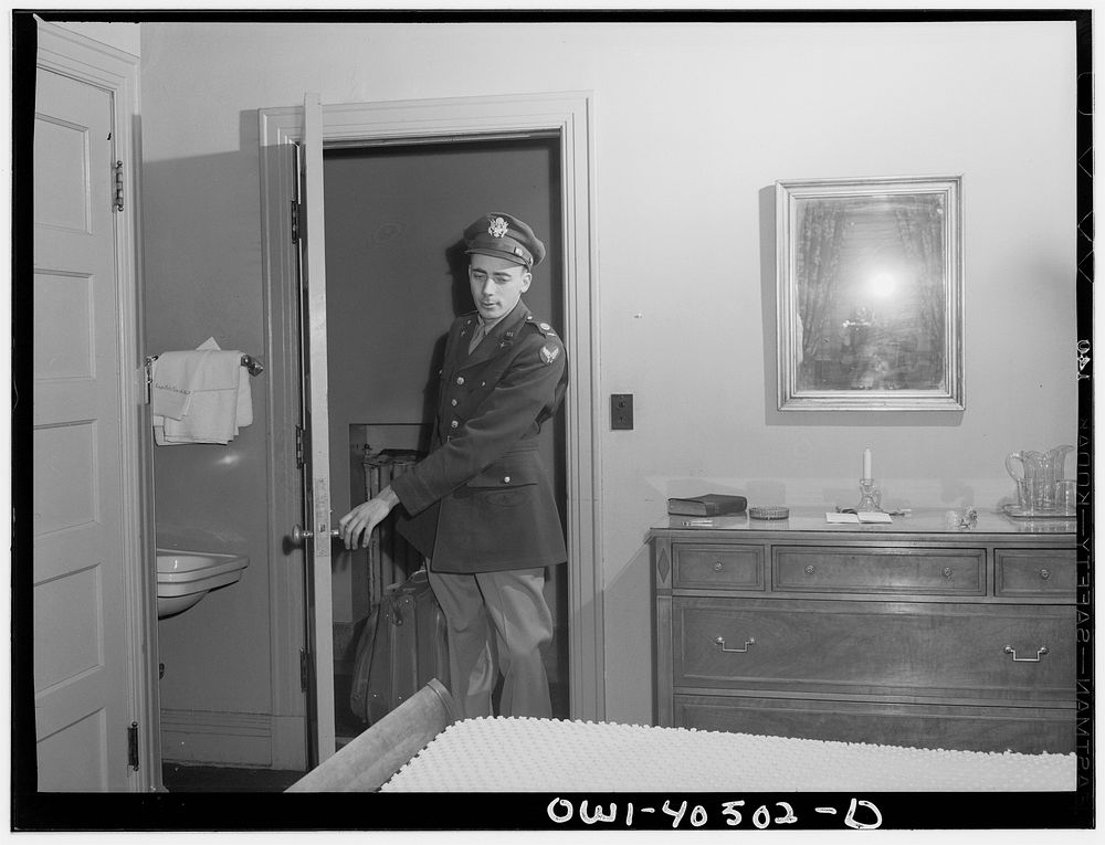 Washington, D.C. A lieutenant in the United States Army Air Transport Command entering his room at the United Nations…