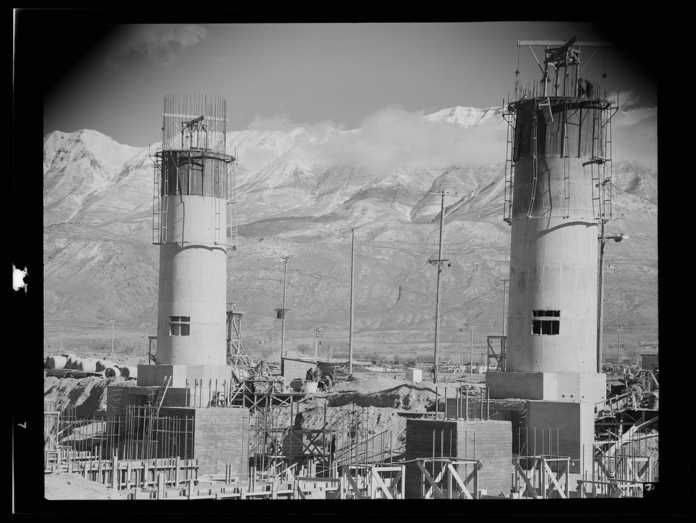 [Untitled photo, possibly related to: Columbia Steel Company at Geneva, Utah. Partly finished open hearth furnaces and…