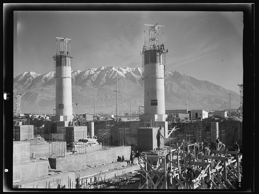 [Untitled photo, possibly related to: Columbia Steel Company at Geneva, Utah. Partly finished open hearth furnaces and…