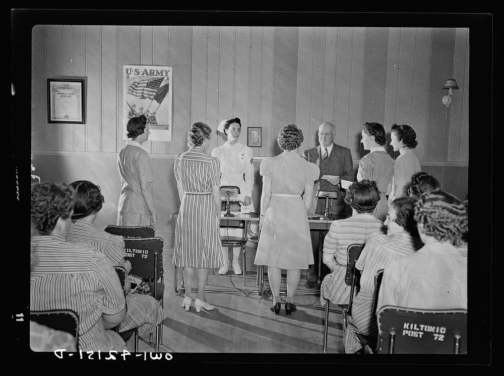 Southington, Connecticut. Graduates of a course in Red Cross nursing, receiving their certificates. Sourced from the Library…