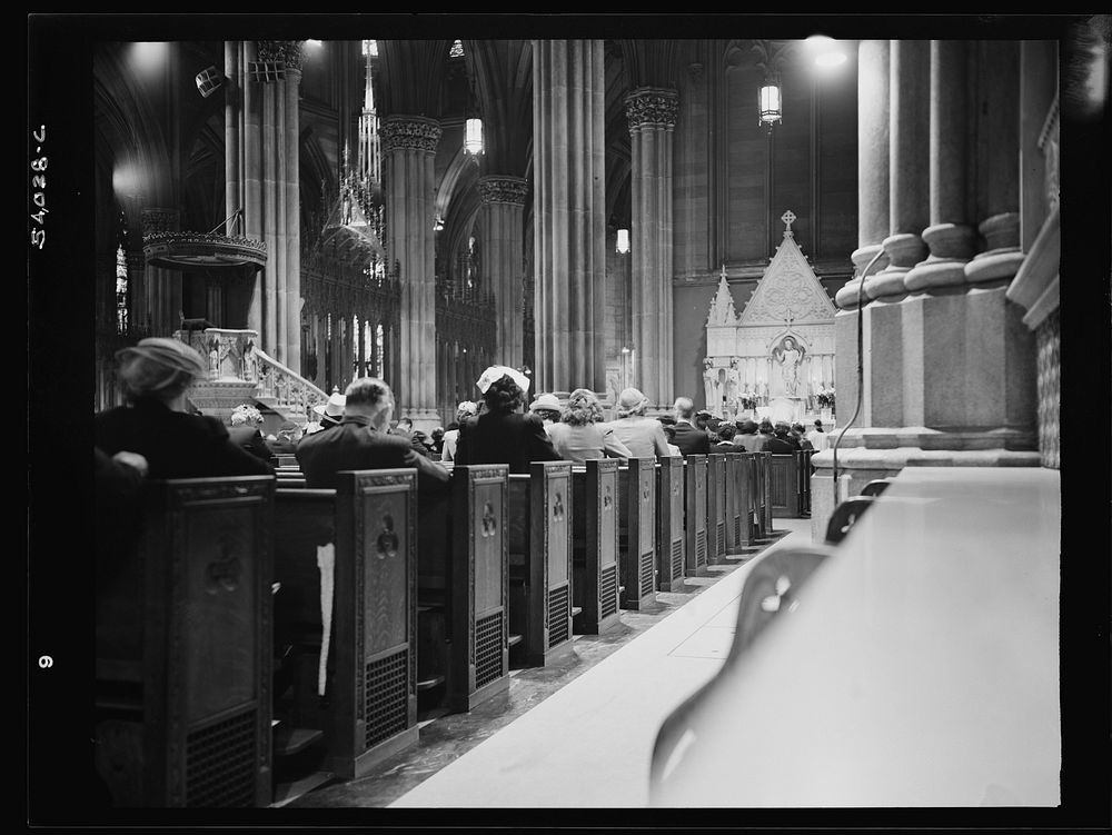 New York, New York. Seven o'clock mass on D-day in the Lady Chapel, Saint Patrick's Cathedral. Sourced from the Library of…