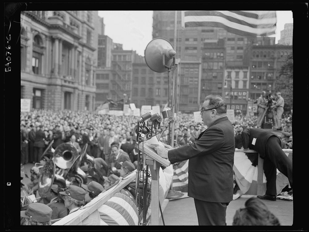 New York, New York. June 6, 1944. Mayor La Guardia at the D-day rally in Madison Square. Sourced from the Library of…
