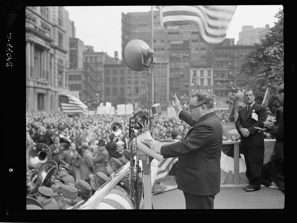 New York, New York. Mayor Fiorello La Guardia at the D-day rally in Madison Square. Sourced from the Library of Congress.