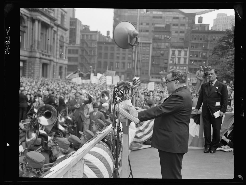 New York, New York. June 6, 1944. Mayor Fiorello La Guardia at the D-day rally in Madison Square. Sourced from the Library…