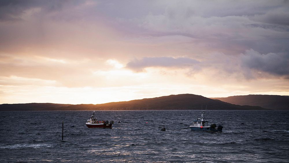 Ocean desktop wallpaper background, fishing boat near Isle of Skye, Scotland